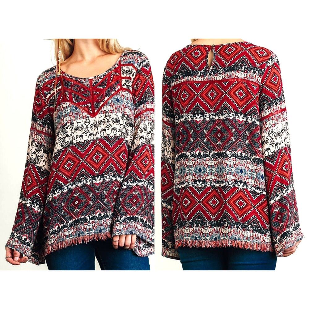 Umgee Top Size S Red Fringe Bell Sleeve Whimisigoth Tunic Western Womens Shirt
